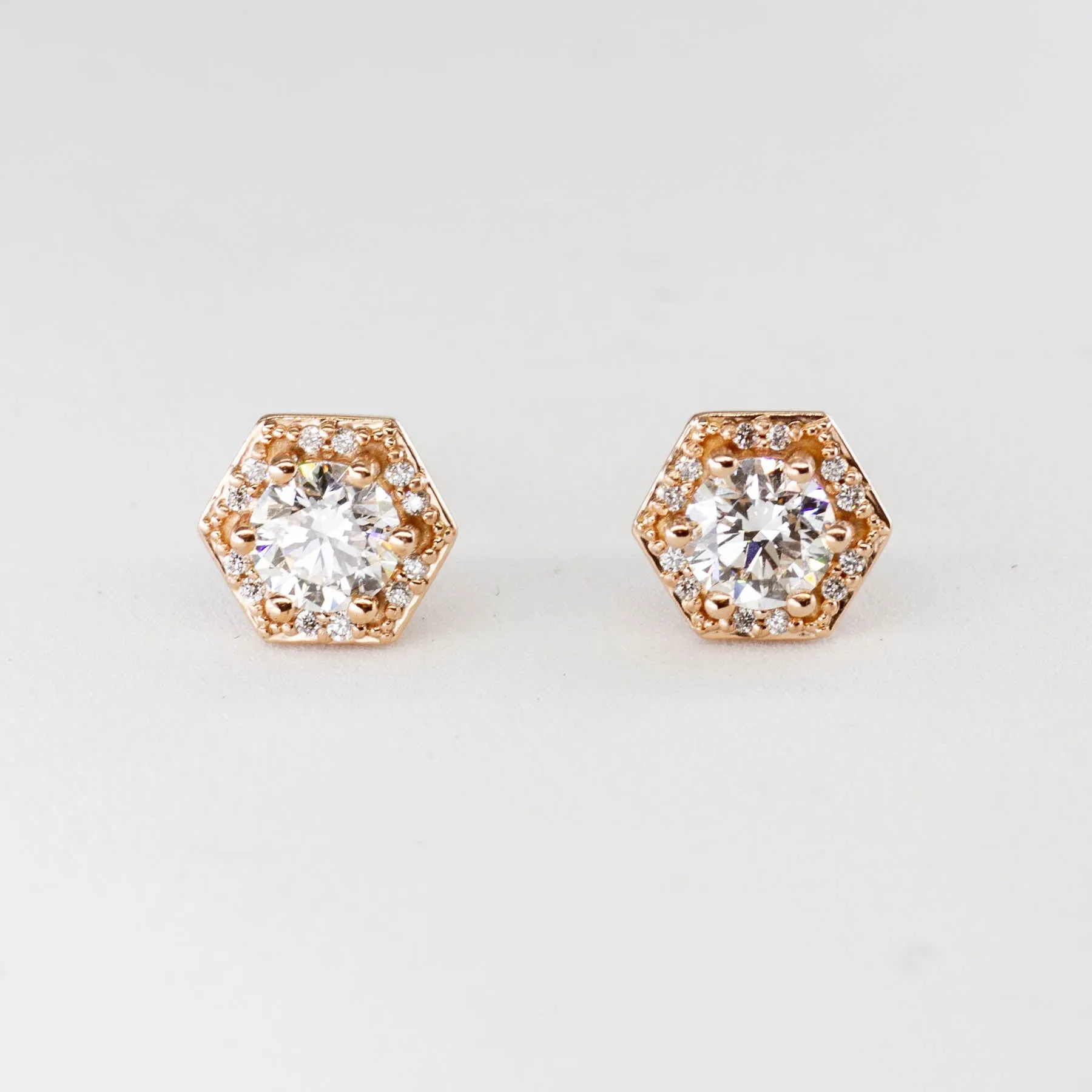 100 Ways Jewelry 100 Ways' Hexagon Halo Diamond Stud Earrings in Rose Gold | Canadian Diamonds | 1.05 ctw