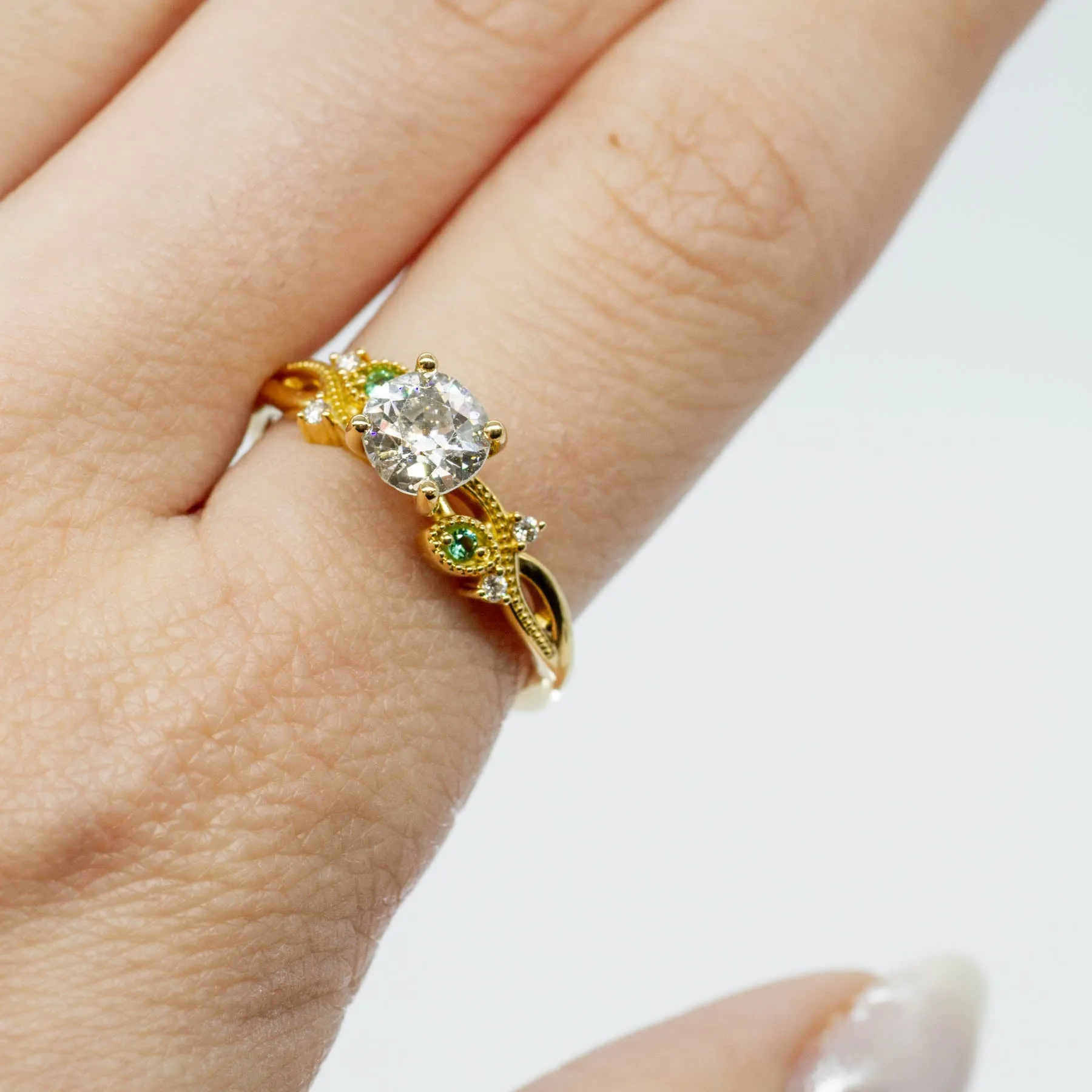 100 Ways Jewelry '100 Ways' Old European Cut Diamond Engagement Ring with Diamond and Emerald Accents | 0.92ctw, 0.04ctw | SZ 7.25 |