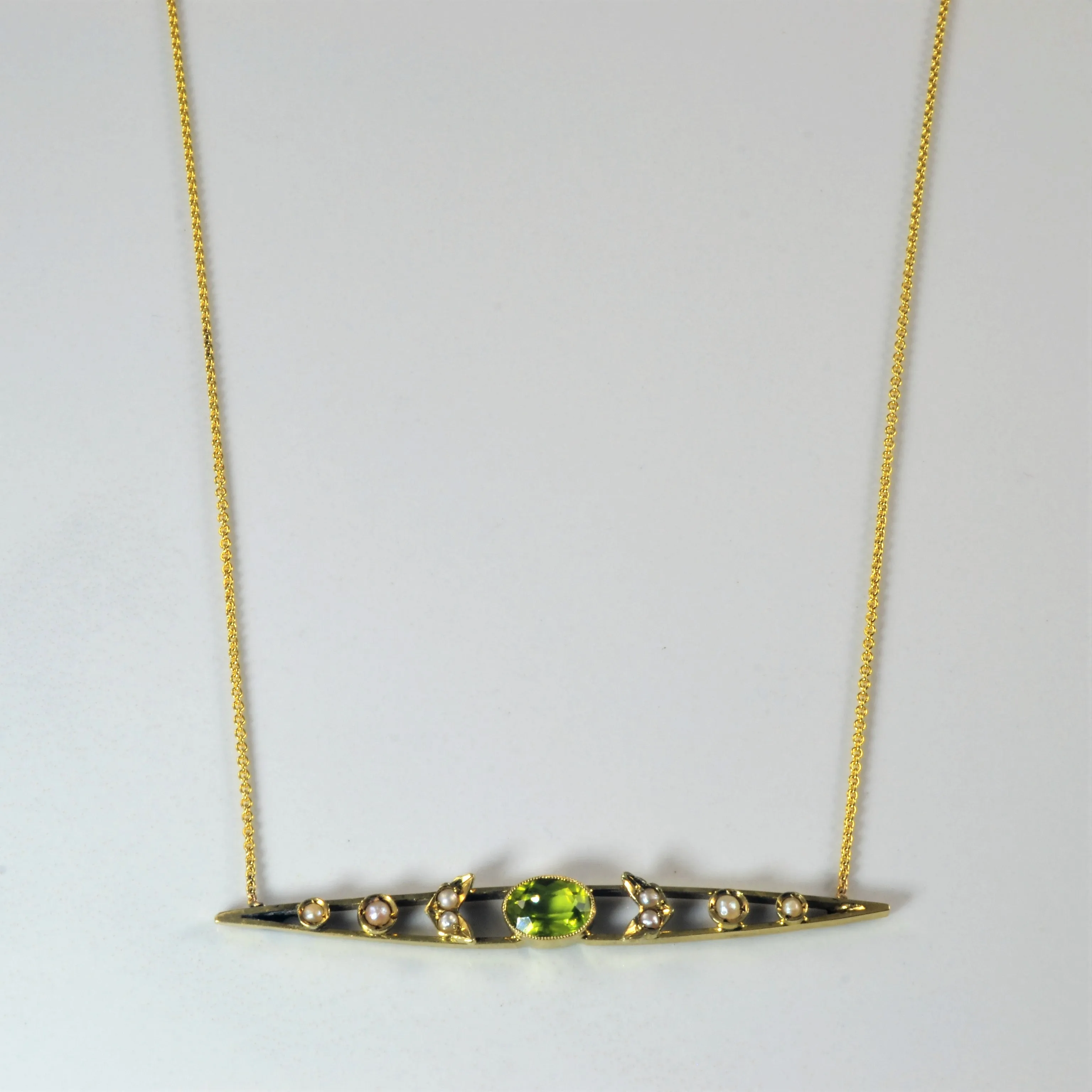 100 Ways Jewelry 'Bespoke' Edwardian Peridot & Pearl Bar Pendant Necklace | 0.65ct | 18" |