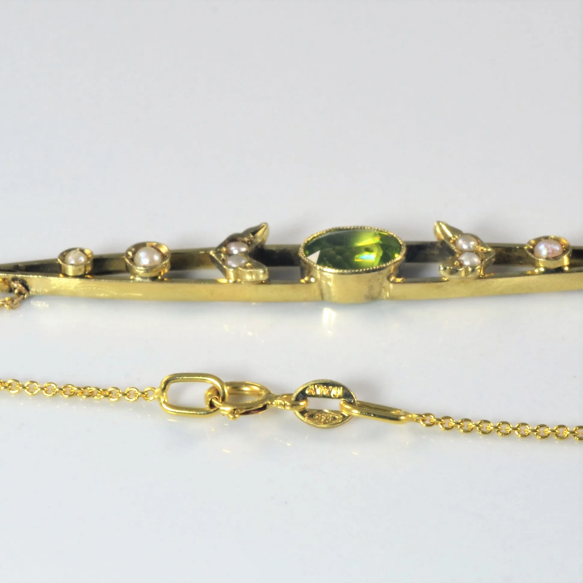 100 Ways Jewelry 'Bespoke' Edwardian Peridot & Pearl Bar Pendant Necklace | 0.65ct | 18" |