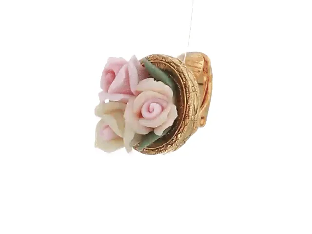 1928 Jewelry 3 Flower Pink & White Porcelain Flower Round Button Clip On Earrings 1928 Jewelry