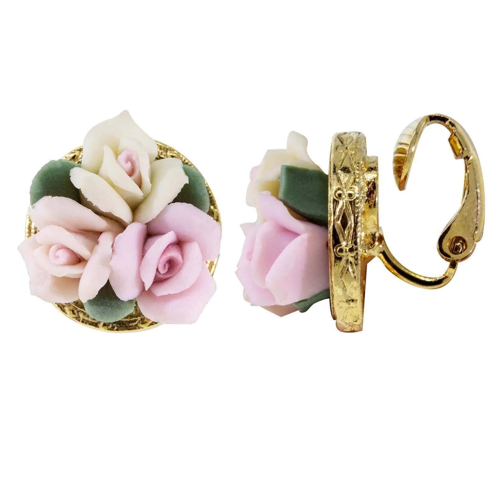 1928 Jewelry 3 Flower Pink & White Porcelain Flower Round Button Clip On Earrings 1928 Jewelry