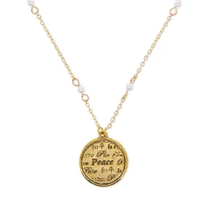 1928 Jewelry 3mm Faux Pearl Multilingual Peace Pendant Necklace 17"   3" Extension 1928 Jewelry