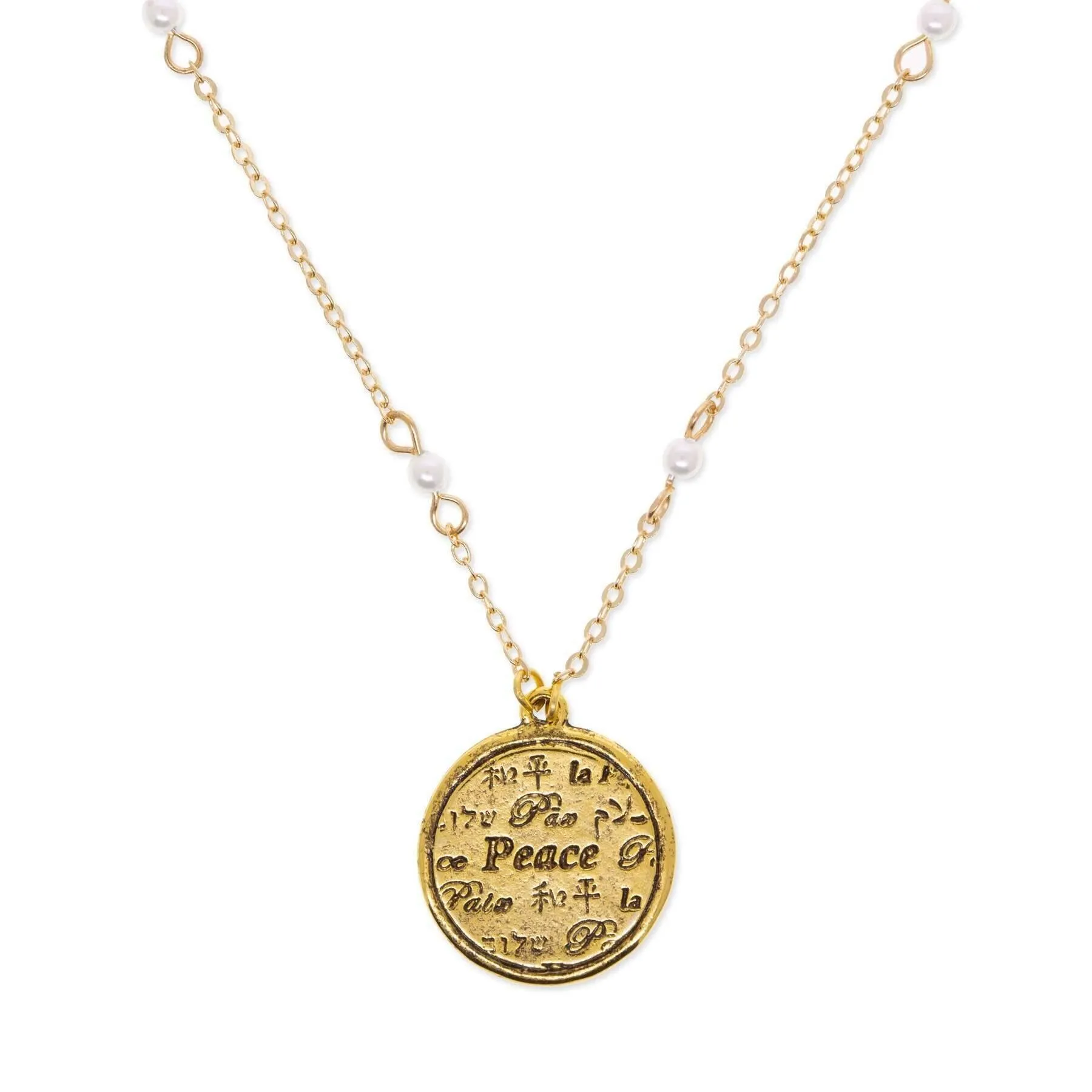 1928 Jewelry 3mm Faux Pearl Multilingual Peace Pendant Necklace 17"   3" Extension 1928 Jewelry