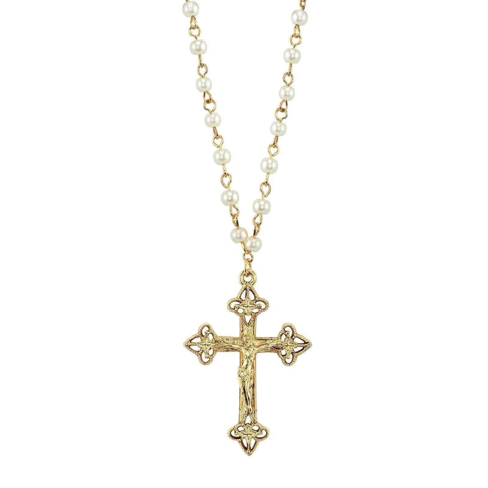 1928 Jewelry 4mm Faux Pearl Chain Gold Crucifix Cross Pendant Necklace 16"   3" Extender 1928 Jewelry