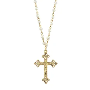 1928 Jewelry 4mm Faux Pearl Chain Gold Crucifix Cross Pendant Necklace 16"   3" Extender 1928 Jewelry