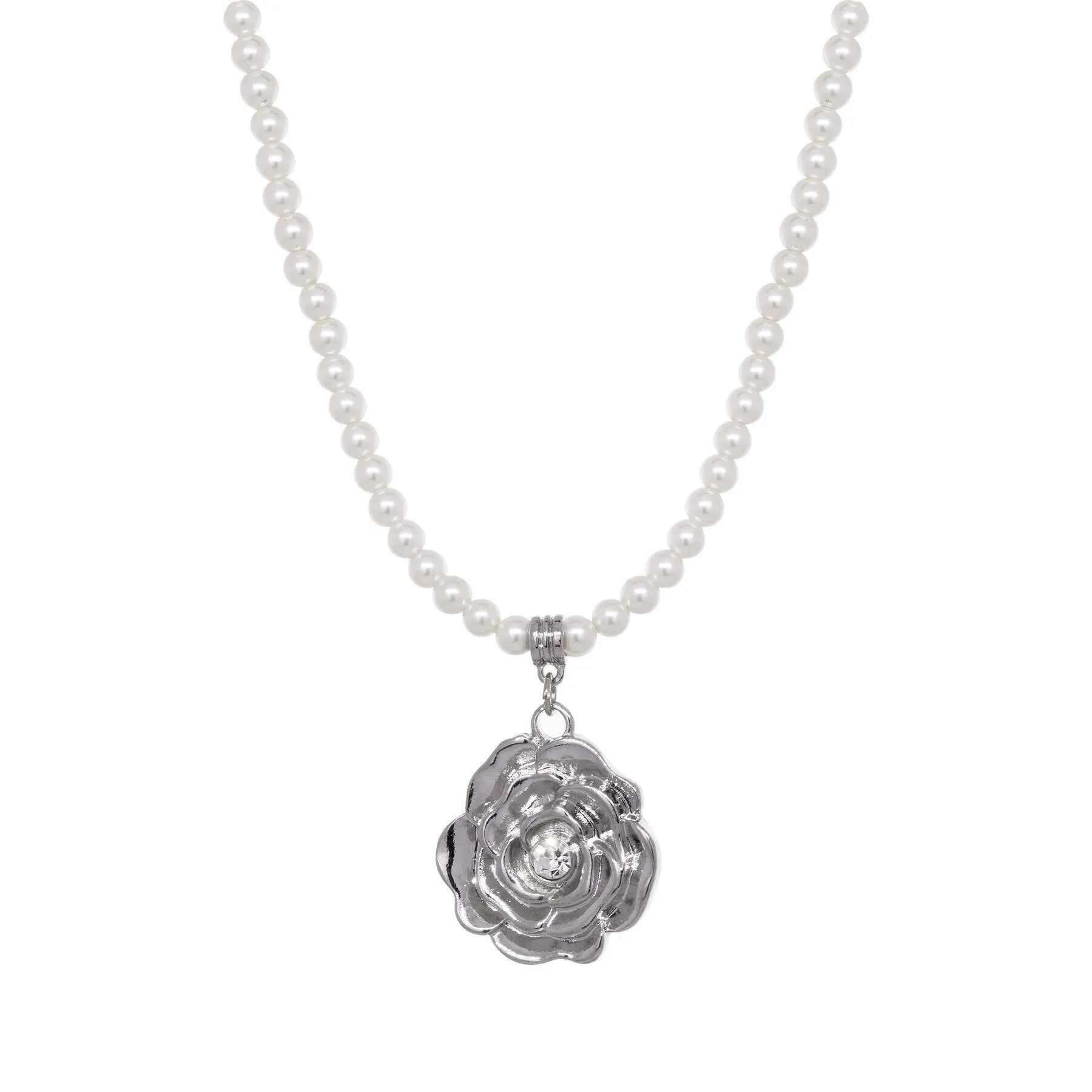 1928 Jewelry 4mm Faux Pearl Strand Flower Crystal Pendant Necklace 15"   3" Extender 1928 Jewelry