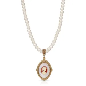 1928 Jewelry 4mm Faux Pearl Strand Frosted Lalique Glass Cameo Pendant Necklace 16"   3" Extender 1928 Jewelry