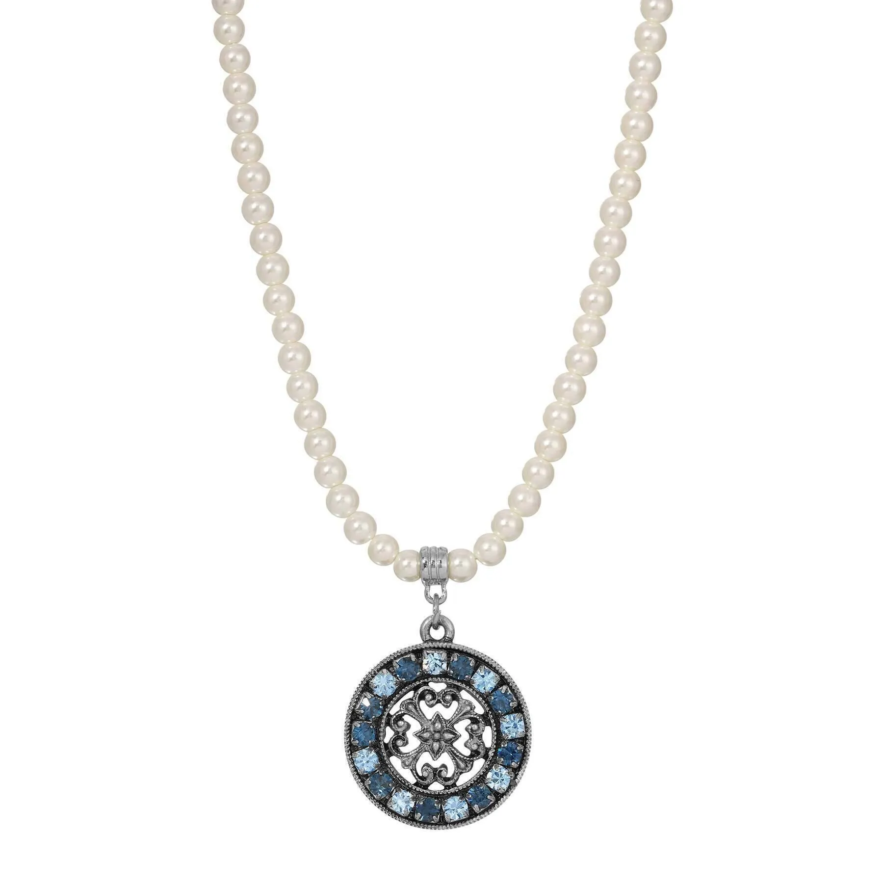 1928 Jewelry 4mm Faux Pearl Strand Hanauma Filigree Crystal Pendant Necklace 15"   3" Extender 1928 Jewelry