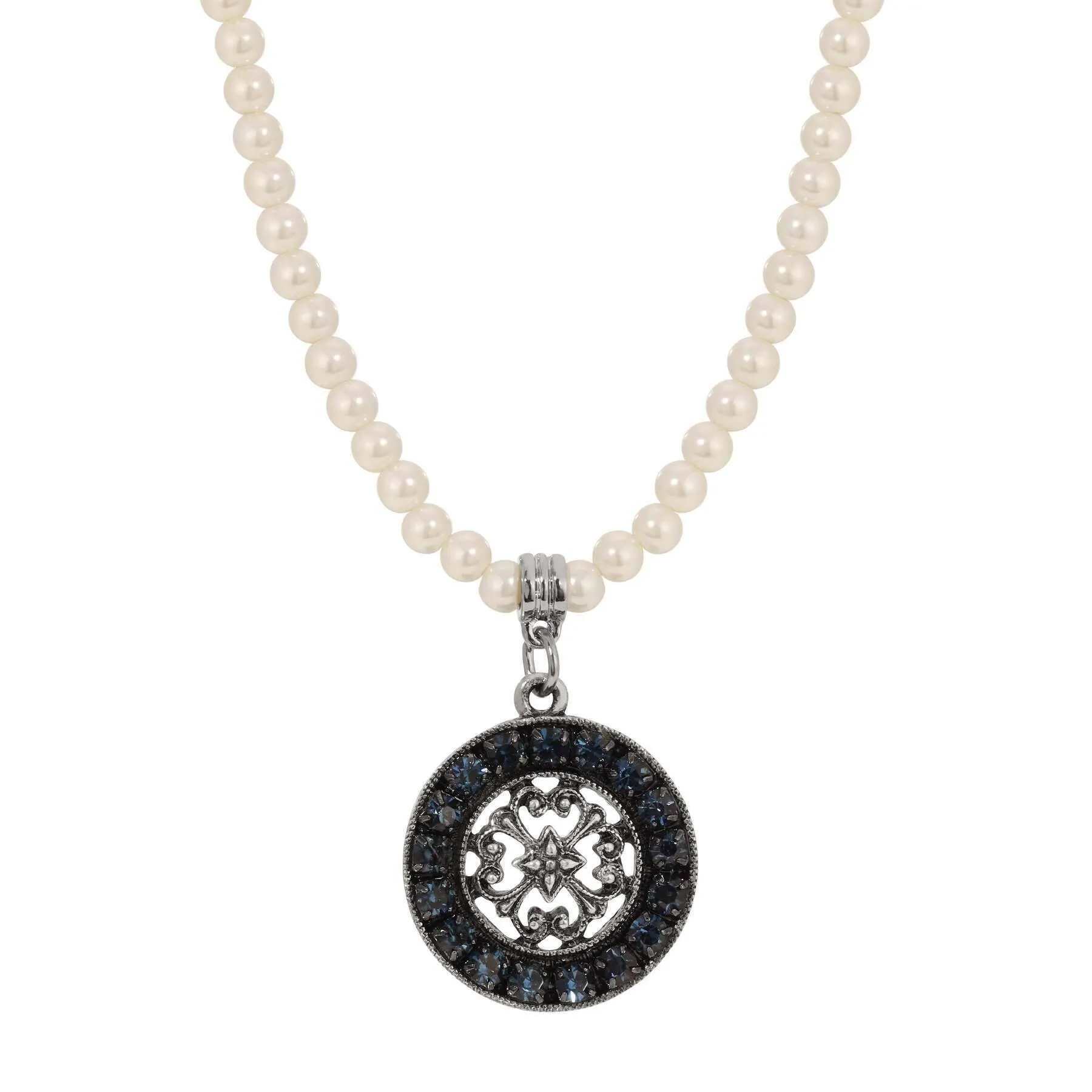 1928 Jewelry 4mm Faux Pearl Strand Hanauma Filigree Crystal Pendant Necklace 15"   3" Extender 1928 Jewelry