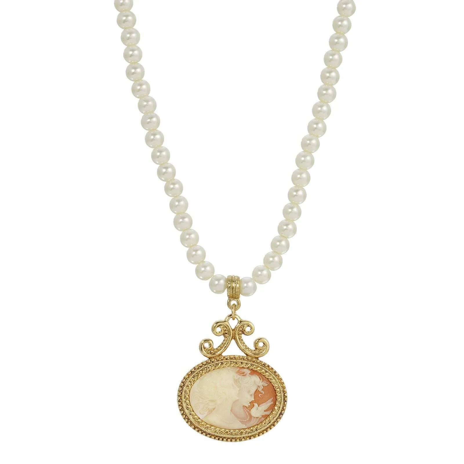 1928 Jewelry 5mm Faux Pearl Strand Twin Muse And Bird Cameo Pendant Necklace 15"   3" Extender 1928 Jewelry