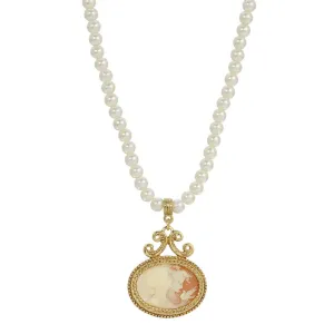 1928 Jewelry 5mm Faux Pearl Strand Twin Muse And Bird Cameo Pendant Necklace 15"   3" Extender 1928 Jewelry