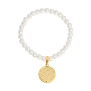 1928 Jewelry 6mm Faux Pearl Multilingual Peace Medallion Stretch Bracelet 1928 Jewelry