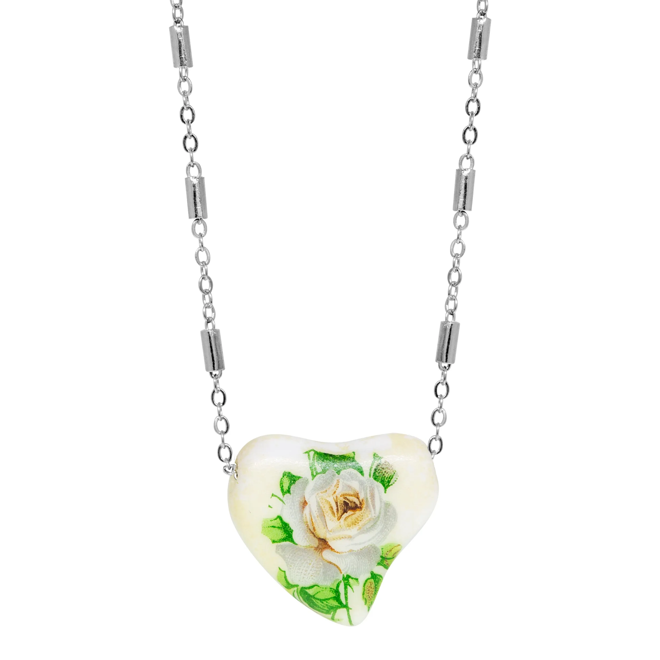 1928 Jewelry 85' Porcelain Heart & Rose Pendant Necklace 15"   3" Extension 1928 Jewelry