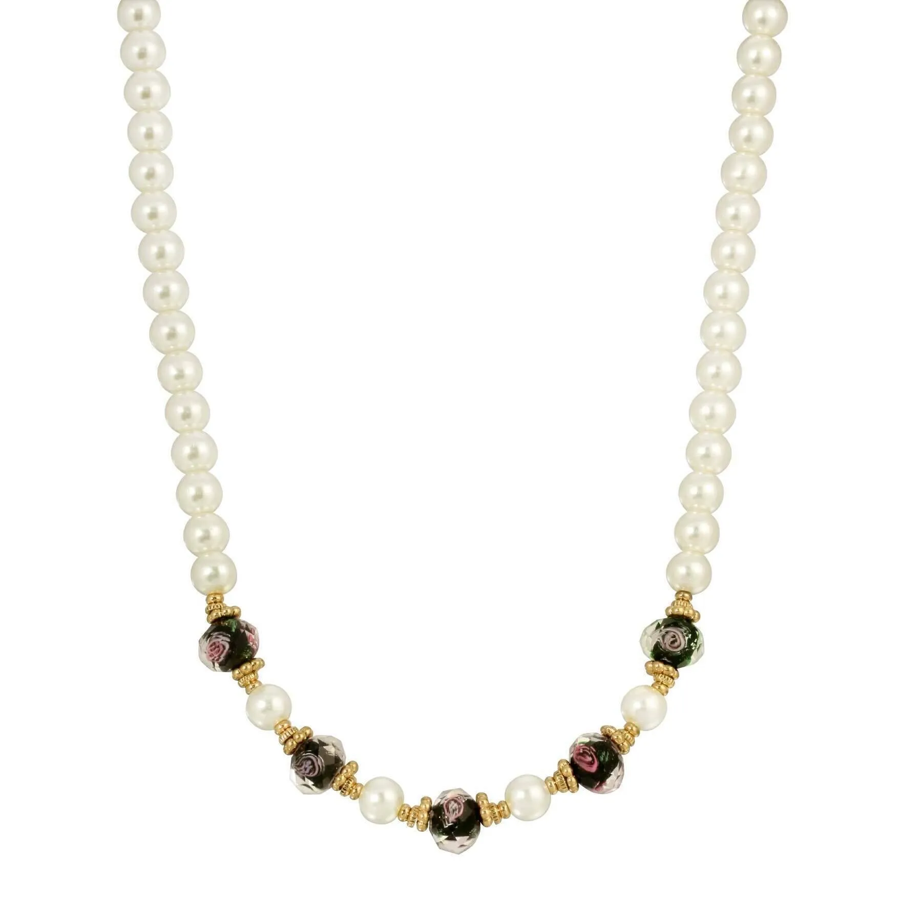 1928 Jewelry 8mm Faux Pearl Strand And Black Bel Fiore Beaded Necklace 15"   3" Extender 1928 Jewelry