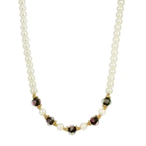 1928 Jewelry 8mm Faux Pearl Strand And Black Bel Fiore Beaded Necklace 15"   3" Extender 1928 Jewelry