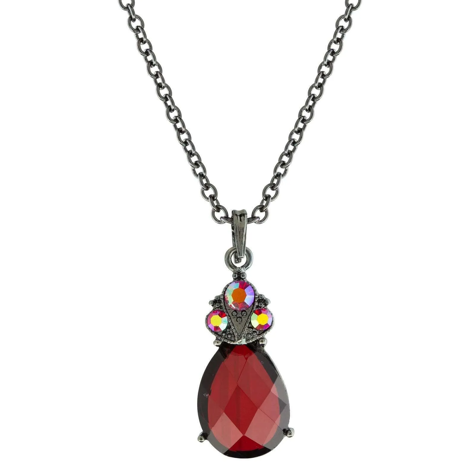 1928 Jewelry AB Crystal Siam Red Teardrop Pendant Necklace 16"  3" Extender 1928 Jewelry
