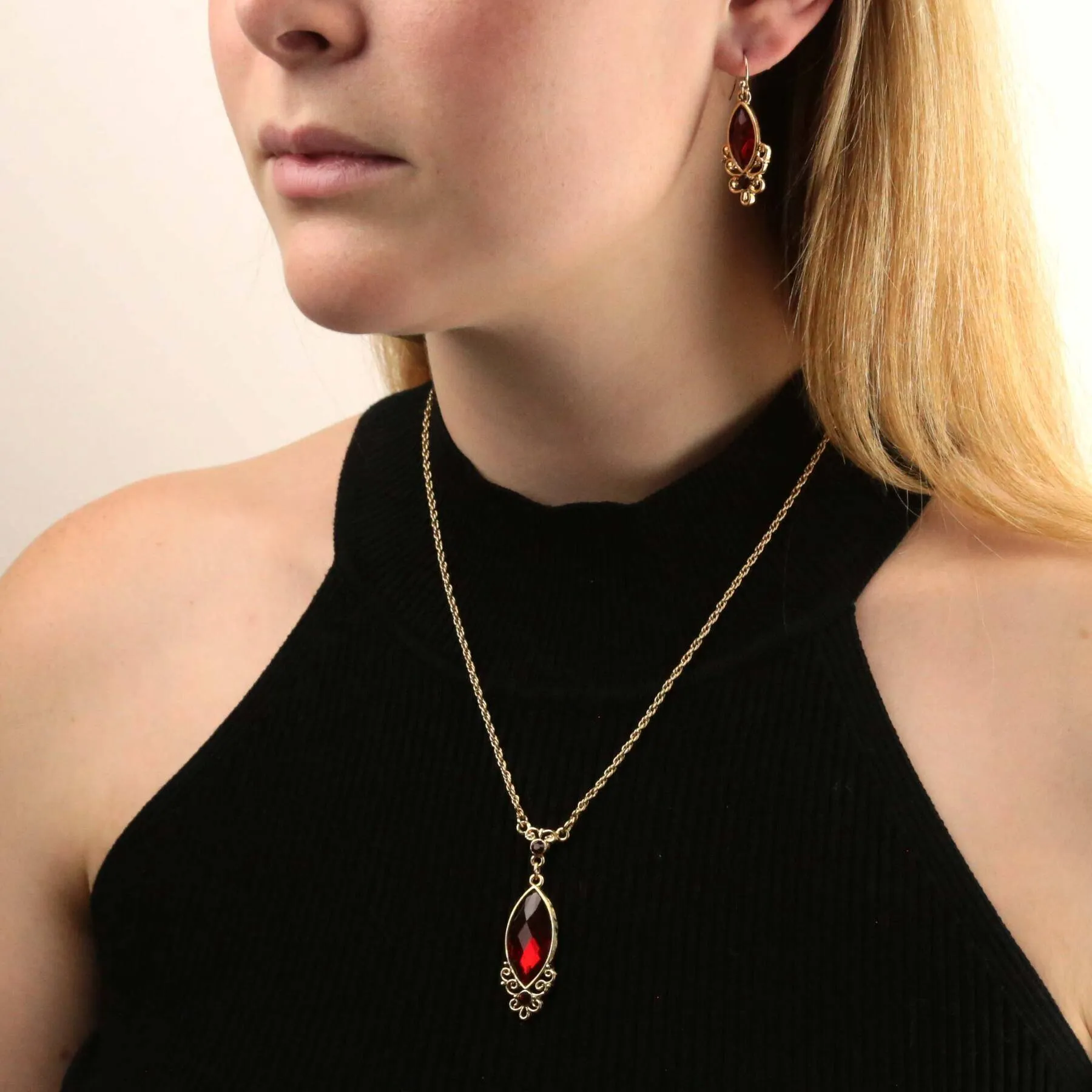 1928 Jewelry Alluring Siam Red Filigree Pendant Necklace 16"   3" Extender 1928 Jewelry