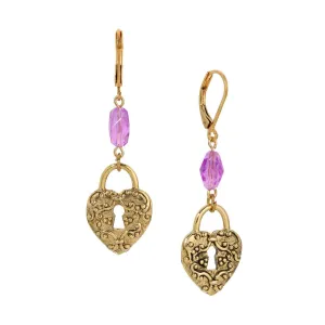 1928 Jewelry Amethyst Enigma Heart Padlock Dangling Earrings 1928 Jewelry