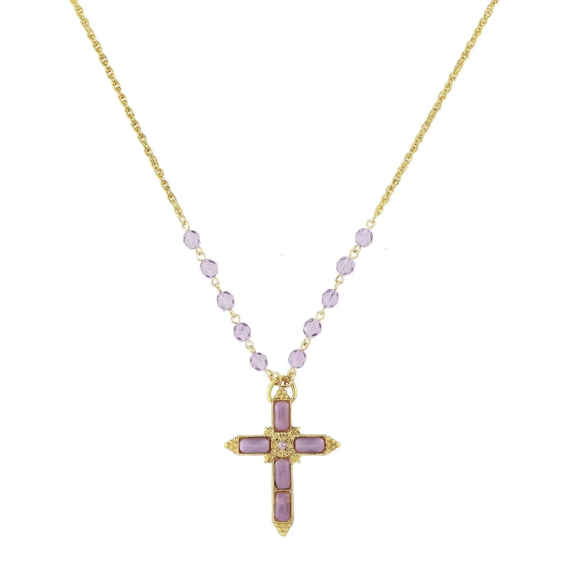 1928 Jewelry Amethyst Moonstone Cross Pendant & Tanzanite Glass Bead Necklace 28" 1928 Jewelry