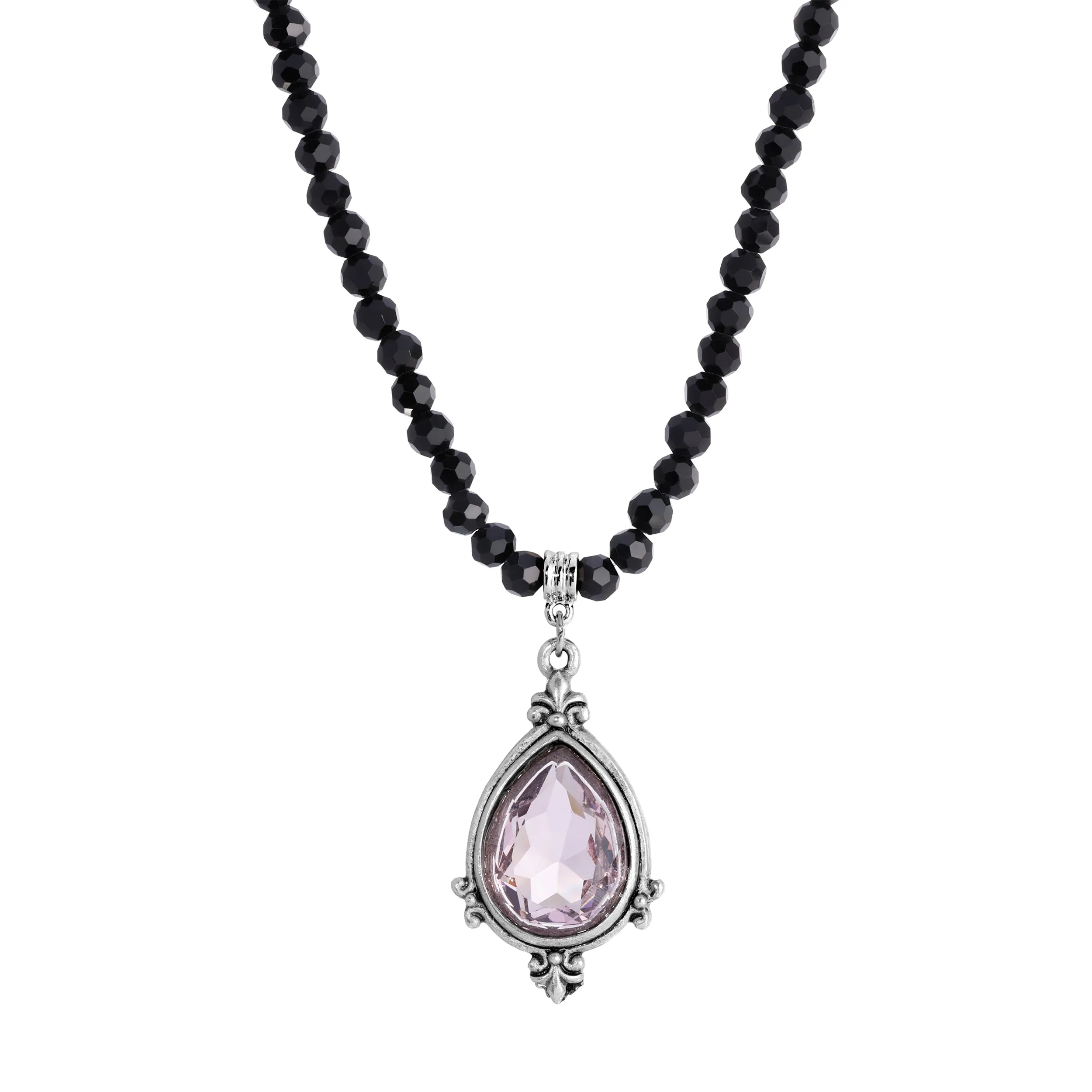 1928 Jewelry Amethyst Pear Shape Pendant & Black Glass Beaded Necklace 18" 1928 Jewelry
