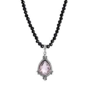 1928 Jewelry Amethyst Pear Shape Pendant & Black Glass Beaded Necklace 18" 1928 Jewelry