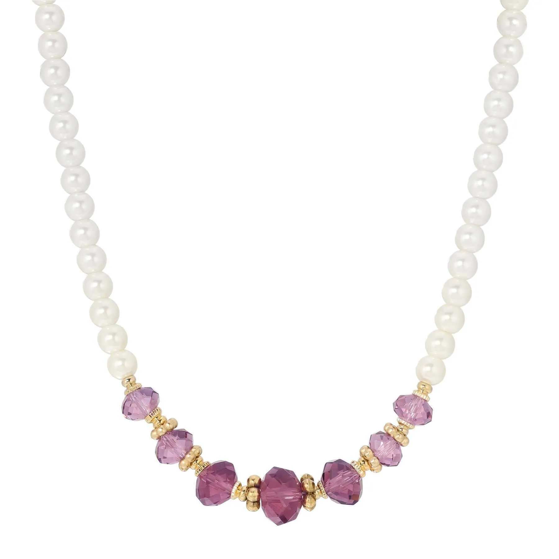 1928 Jewelry Amethyst Purple Glass Bead Faux Pearl Strand Necklace 15"   3" Extension 1928 Jewelry