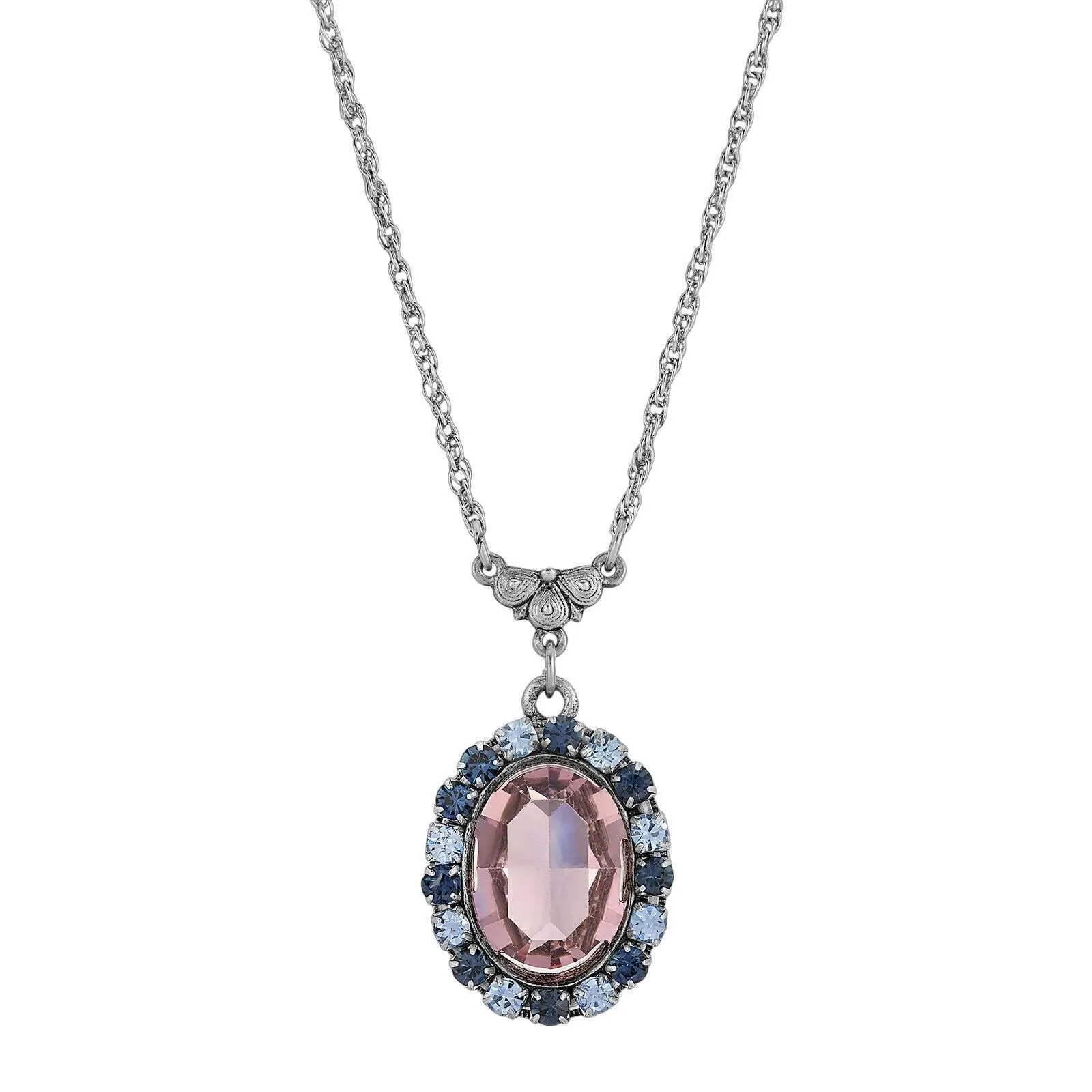 1928 Jewelry Anastasia Blue Rimmed Pink Oval Pendant Necklace 15" Chain 1928 Jewelry