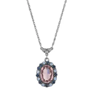 1928 Jewelry Anastasia Blue Rimmed Pink Oval Pendant Necklace 15" Chain 1928 Jewelry