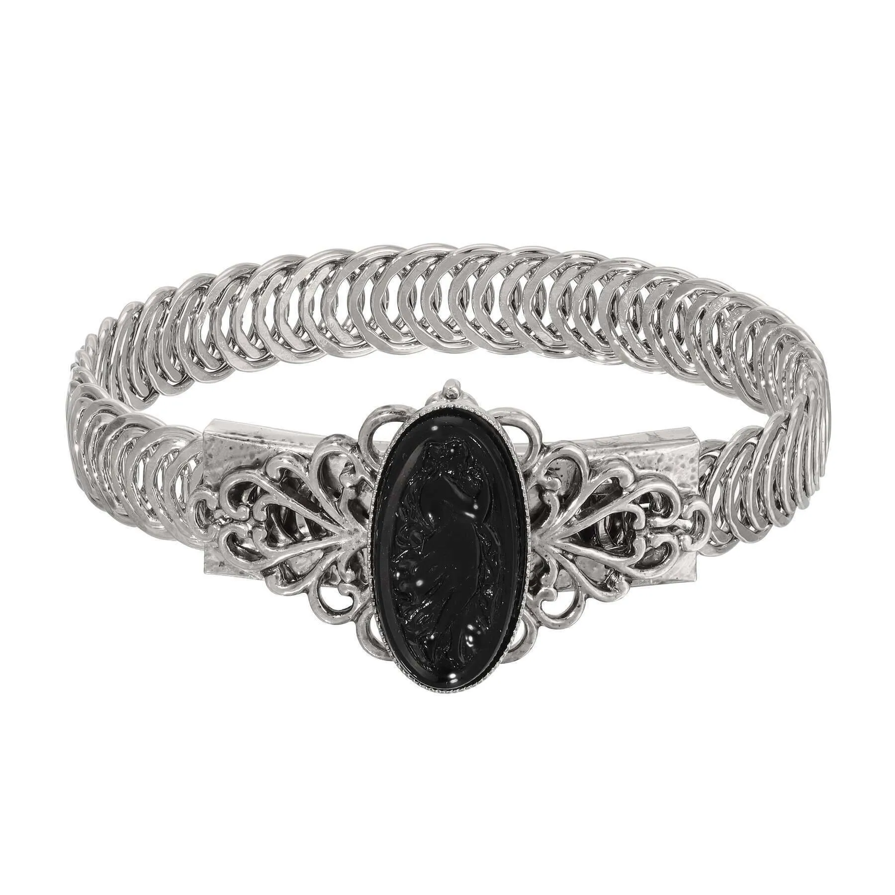 1928 Jewelry Ancient Priestess Oval Black Stone Cameo Belt Bracelet 1928 Jewelry