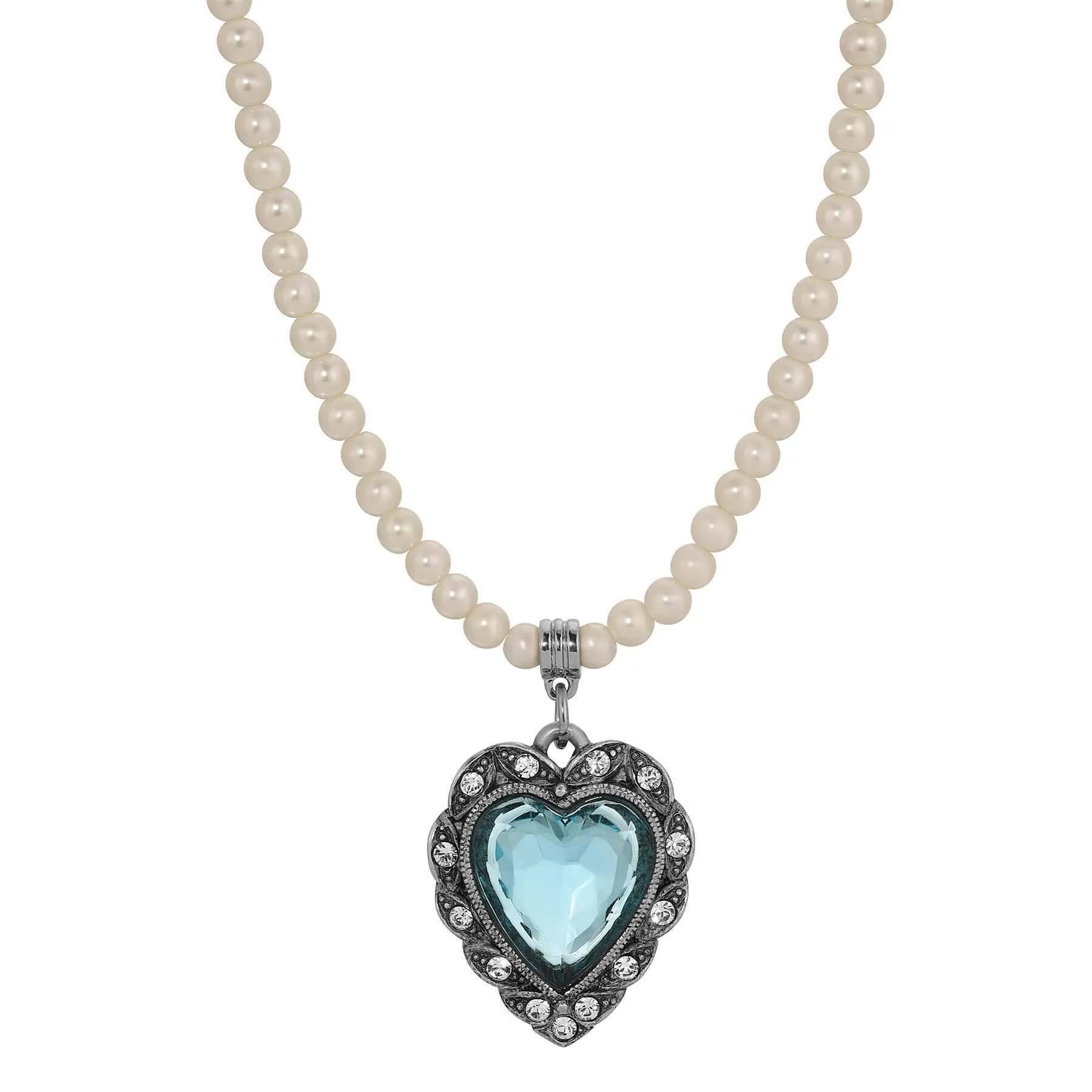 1928 Jewelry Antique Romance Faux Pearl Strand Heart Crystal Pendant Necklace 15"   3" Extension 1928 Jewelry