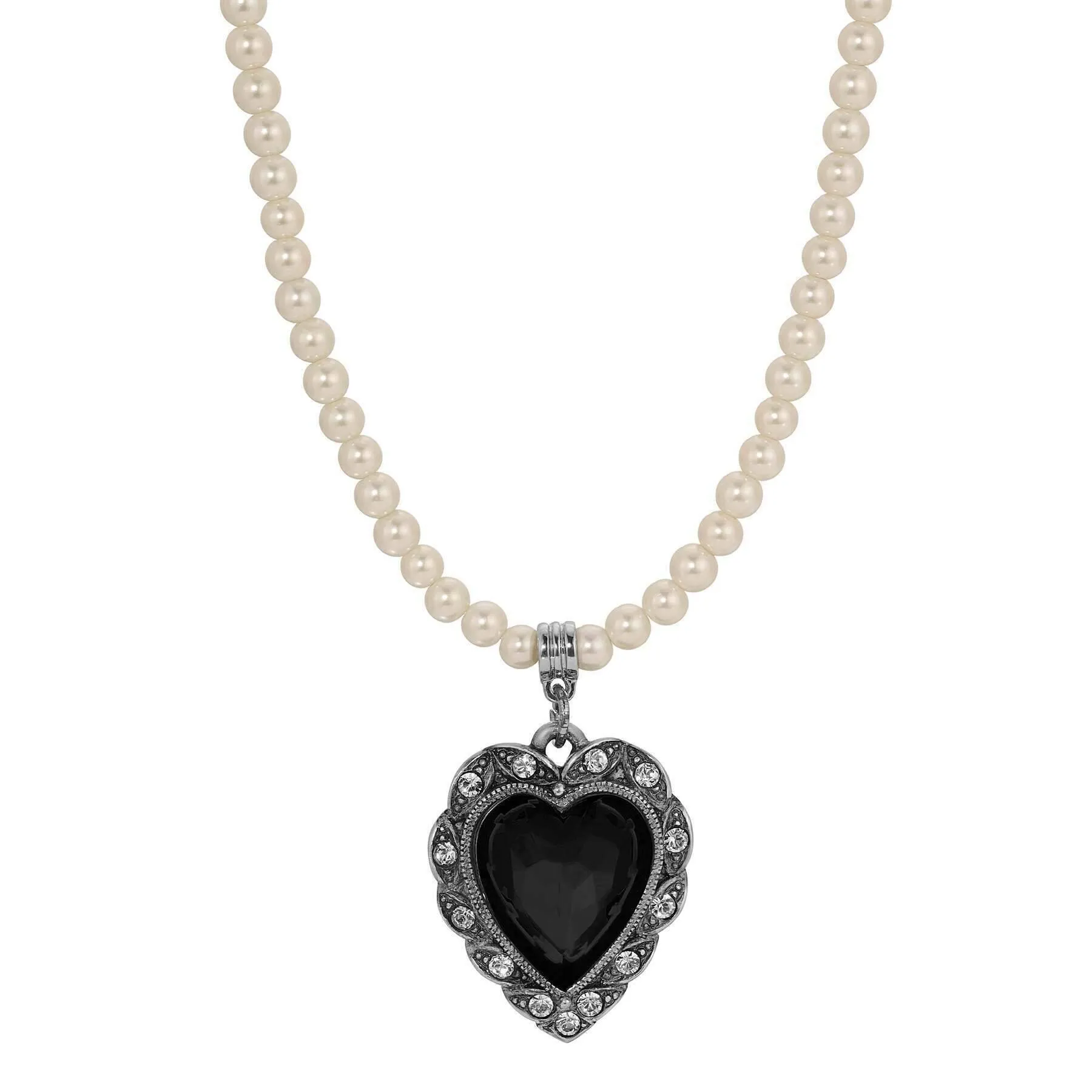 1928 Jewelry Antique Romance Faux Pearl Strand Heart Crystal Pendant Necklace 15"   3" Extension 1928 Jewelry