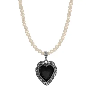 1928 Jewelry Antique Romance Faux Pearl Strand Heart Crystal Pendant Necklace 15"   3" Extension 1928 Jewelry