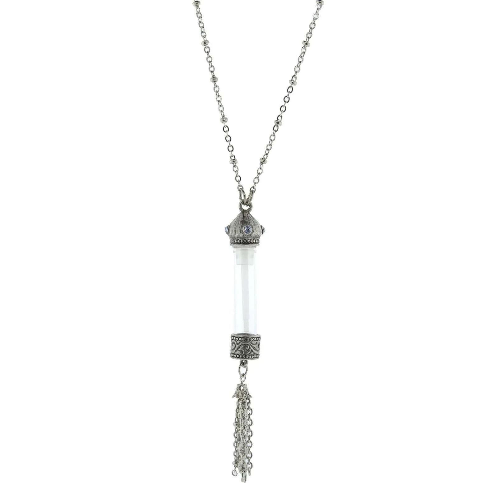1928 Jewelry Antiqued Blue Crystal Stone Glass Vial Tassel Necklace 30" 1928 Jewelry