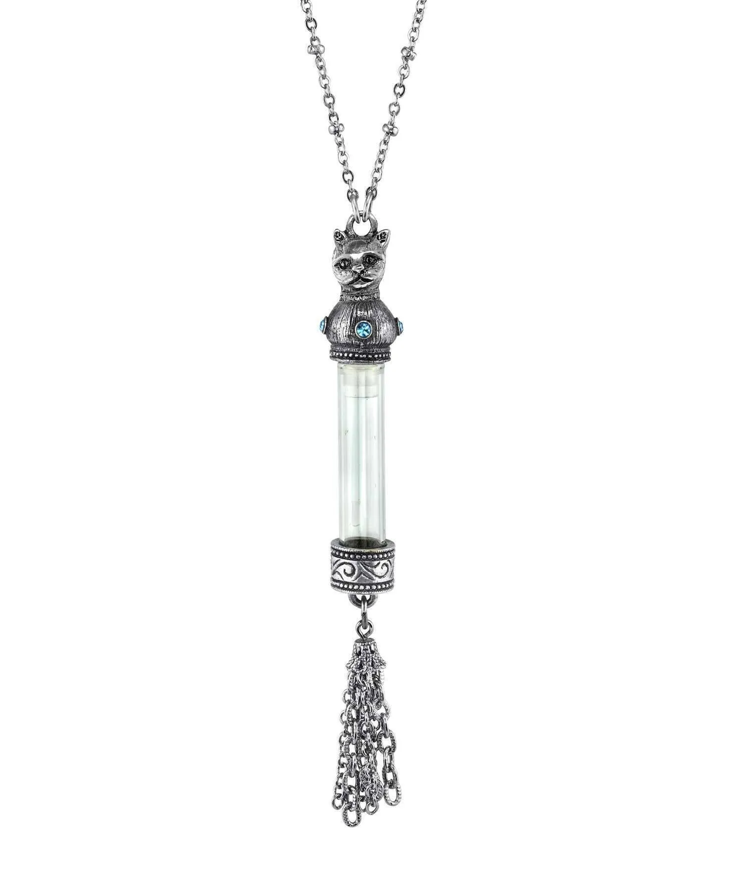 1928 Jewelry Antiqued Cat Light Blue Crystal Vial Glass Tassel Necklace 30" 1928 Jewelry