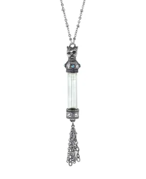 1928 Jewelry Antiqued Cat Light Blue Crystal Vial Glass Tassel Necklace 30" 1928 Jewelry