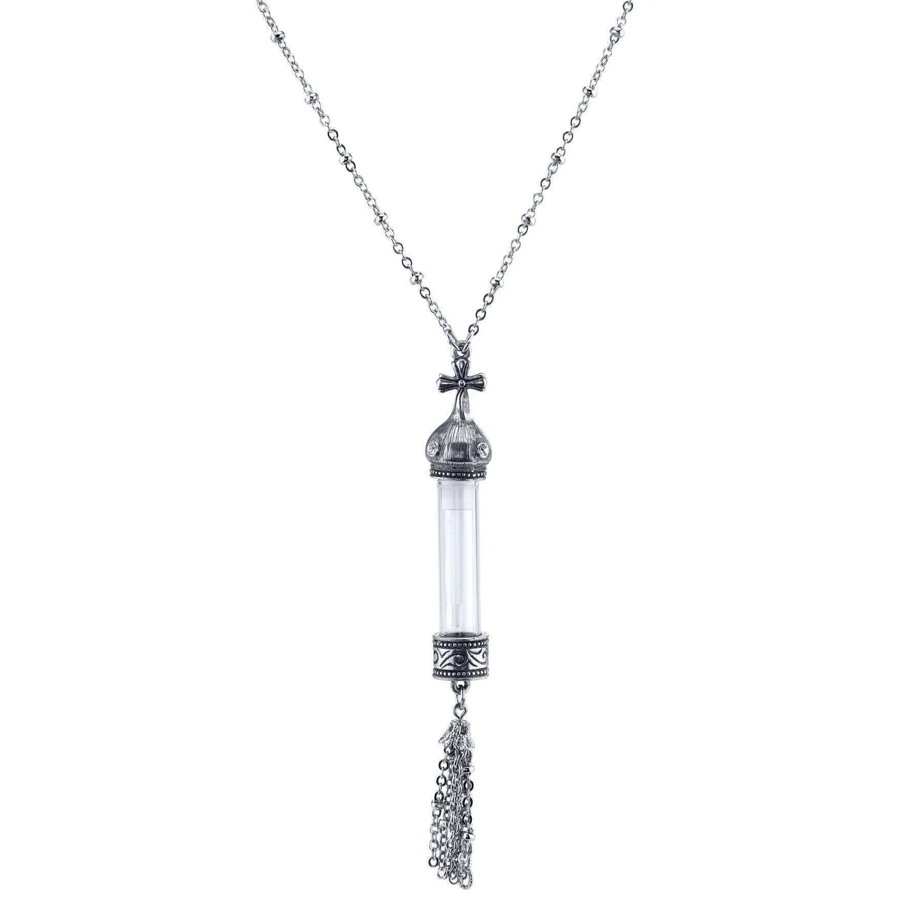 1928 Jewelry Antiqued Cross Cap Clear Crystal Glass Vial Tassel Necklace 30" 1928 Jewelry