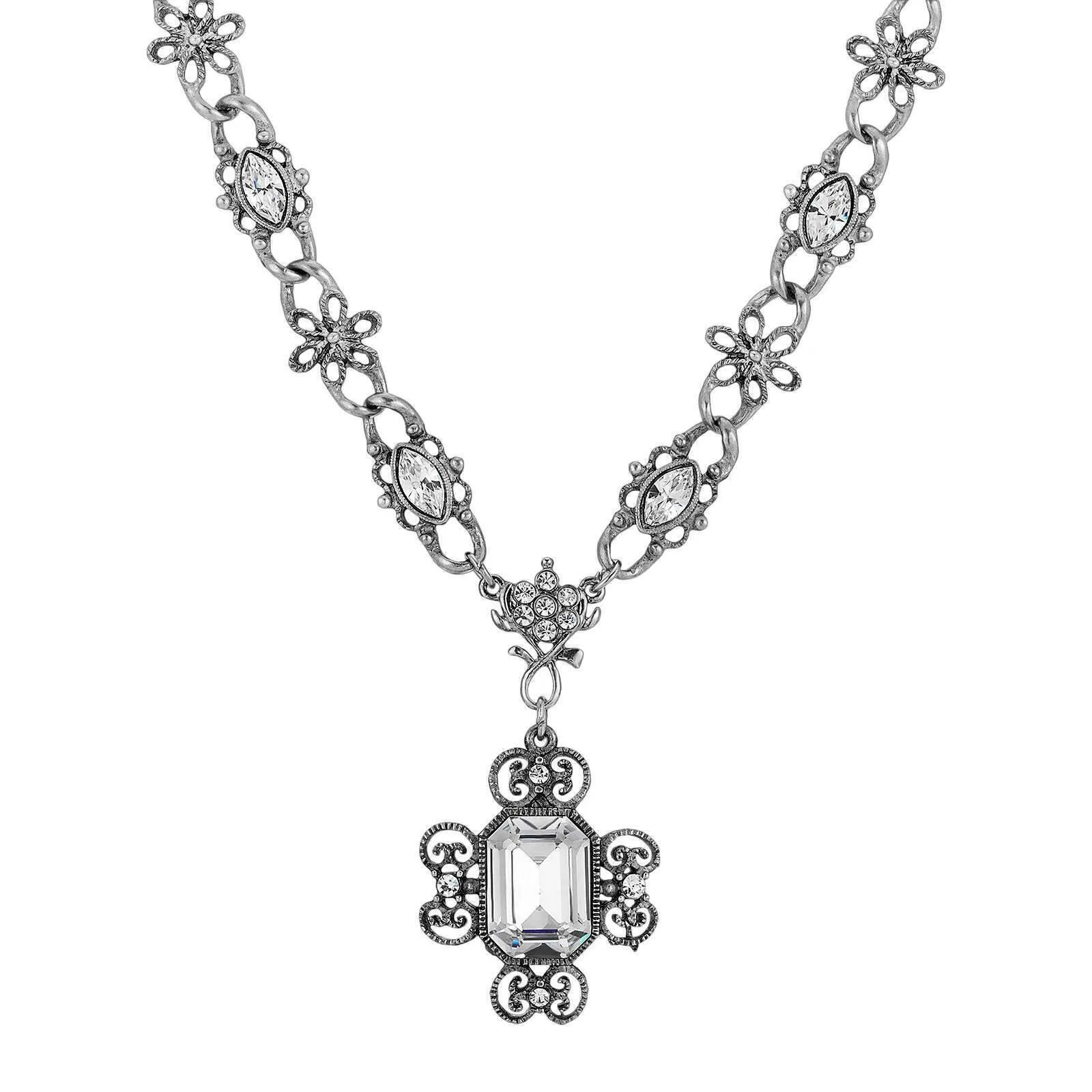 1928 Jewelry Antiqued Crystal Filigree Pendant Necklace 15"   3" Extender 1928 Jewelry