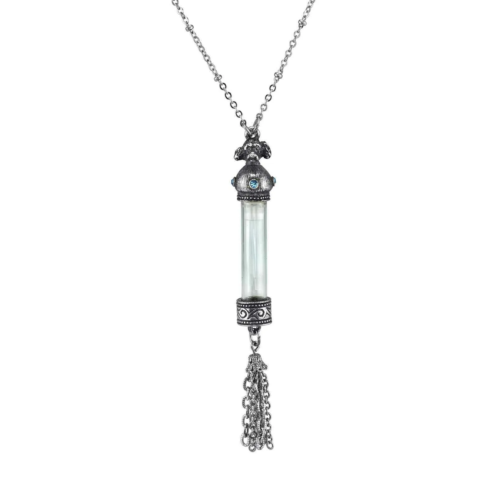 1928 Jewelry Antiqued Dog Light Blue Crystal Glass Vial Tassel Necklace 30" 1928 Jewelry