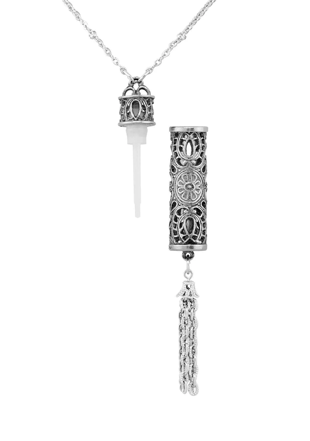 1928 Jewelry Antiqued Filigrana Glass Vial Tassel Necklace 28" 1928 Jewelry