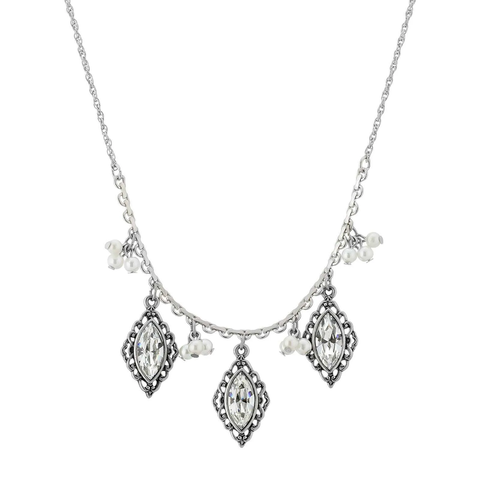 1928 Jewelry Antiqued Navette Crystals Faux Pearl Clusters Necklace 16"   3" Extender 1928 Jewelry