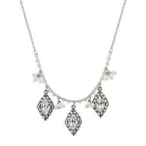 1928 Jewelry Antiqued Navette Crystals Faux Pearl Clusters Necklace 16"   3" Extender 1928 Jewelry