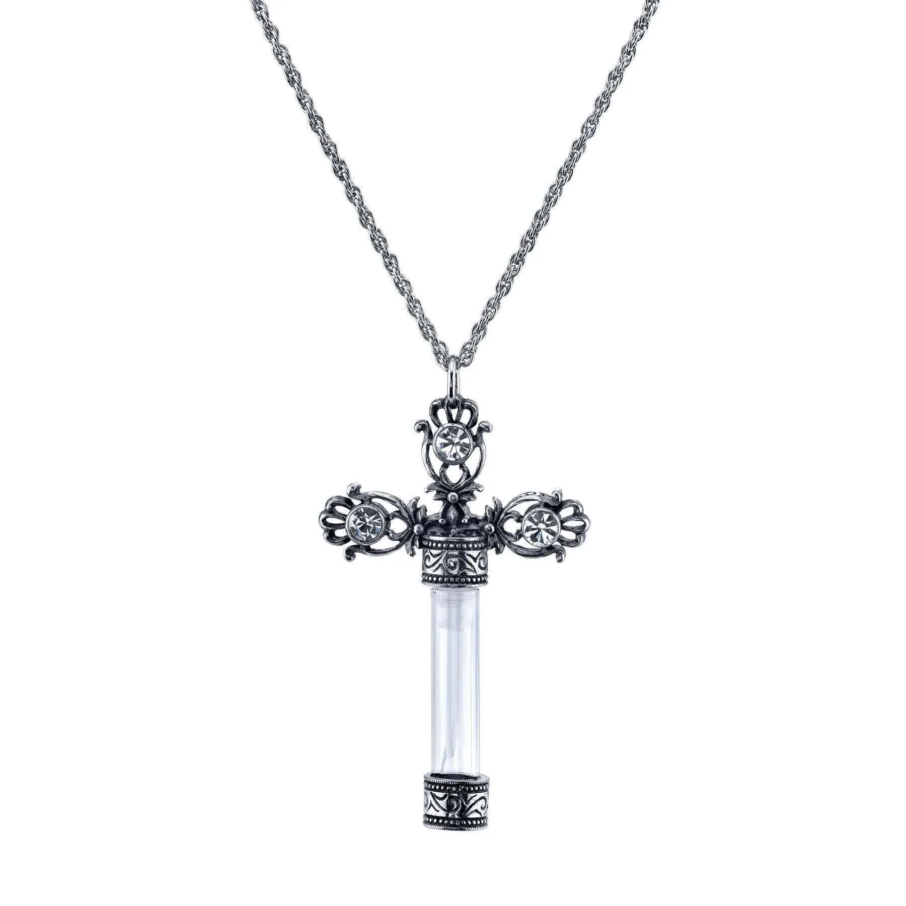 1928 Jewelry Antiqued Ornate Cross Clear Crystal Glass Vial Necklace 30" 1928 Jewelry