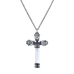 1928 Jewelry Antiqued Ornate Cross Clear Crystal Glass Vial Necklace 30" 1928 Jewelry
