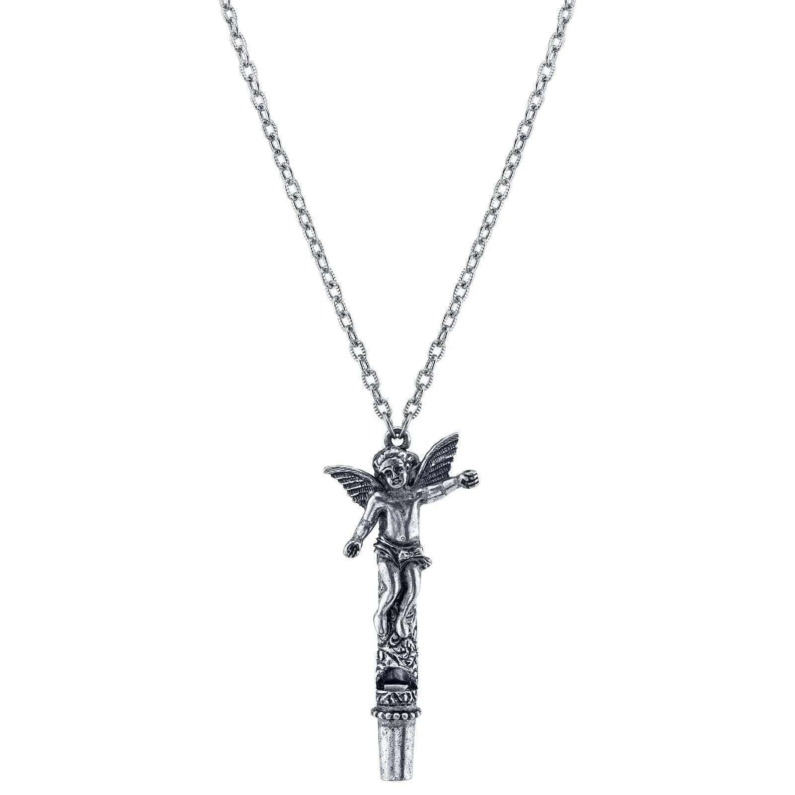 1928 Jewelry Antiqued Pewter Angel Whistle Pendant Necklace 30" 1928 Jewelry