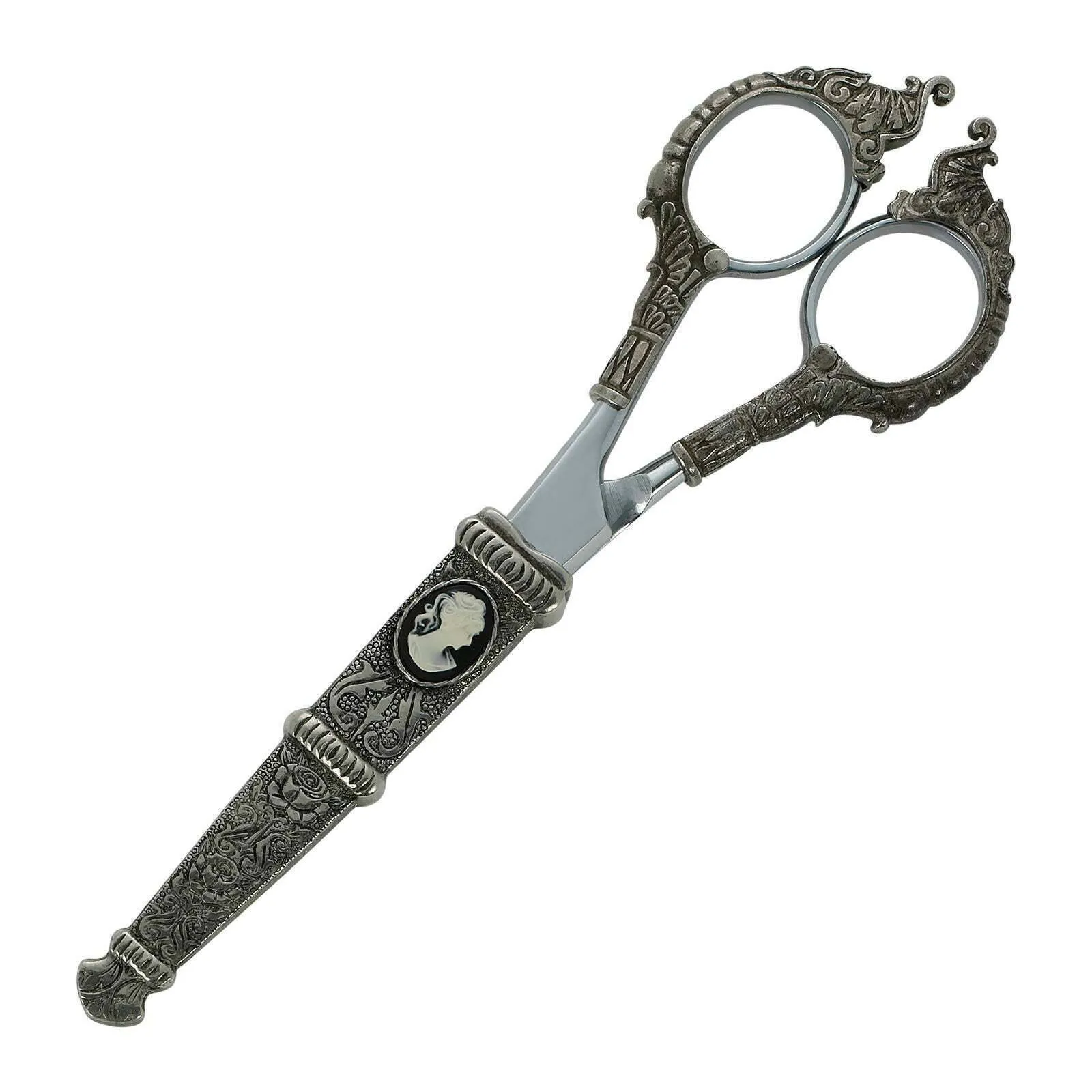 1928 Jewelry Antiqued Pewter Black And Ivory Cameo and Floral Motif Scissors 1928 Jewelry