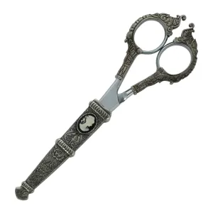 1928 Jewelry Antiqued Pewter Black And Ivory Cameo and Floral Motif Scissors 1928 Jewelry