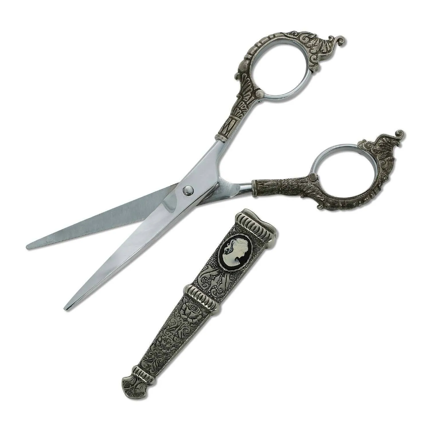 1928 Jewelry Antiqued Pewter Black And Ivory Cameo and Floral Motif Scissors 1928 Jewelry