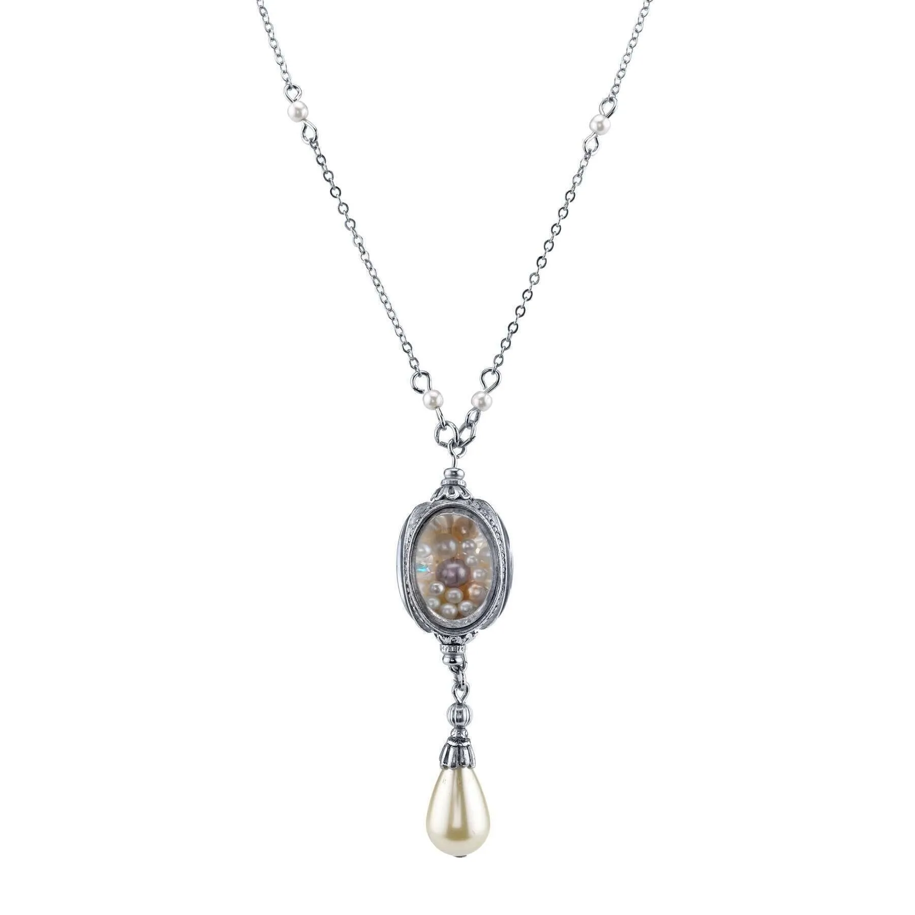 1928 Jewelry Antiqued Pewter Faux Pearl Drop Spinner Pendant Necklace 30" 1928 Jewelry