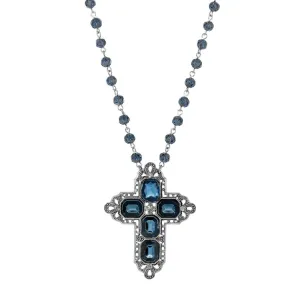 1928 Jewelry Antiqued Pewter Octagon Dark Blue German Glass Stones And Beaded Cross Necklace 16"   3" Extender 1928 Jewelry
